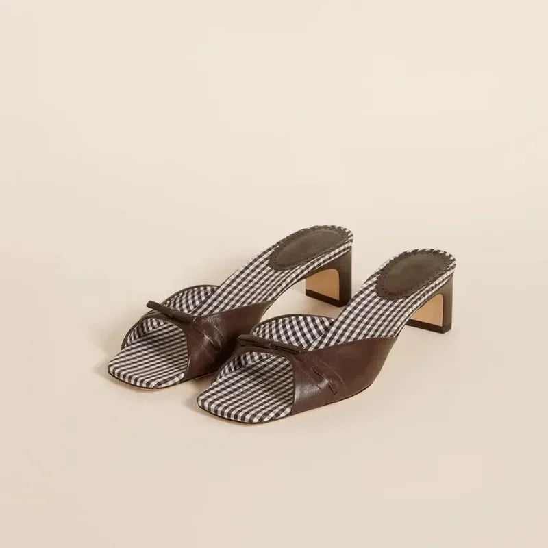 Square-Toe Heel Mules with Gingham Check Insole and Bow Detail in Brown