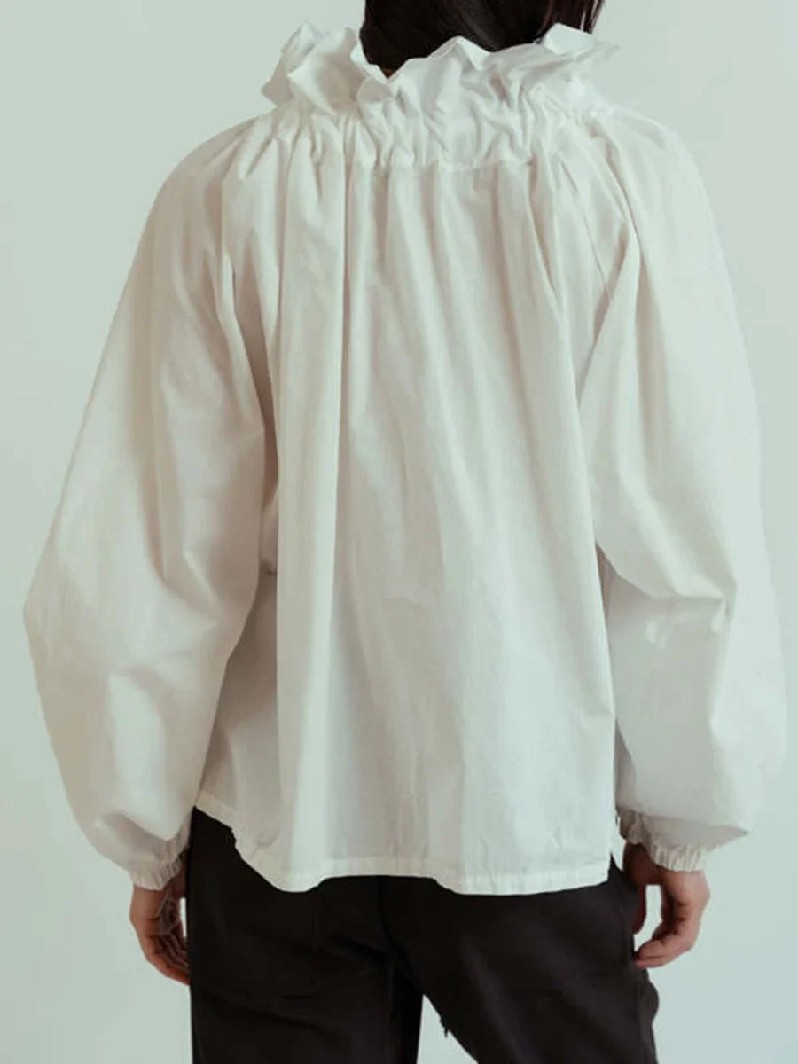 Ruffled Collar Blouse with Oversized Bow Tie and Lantern Sleeves, Checkered Print