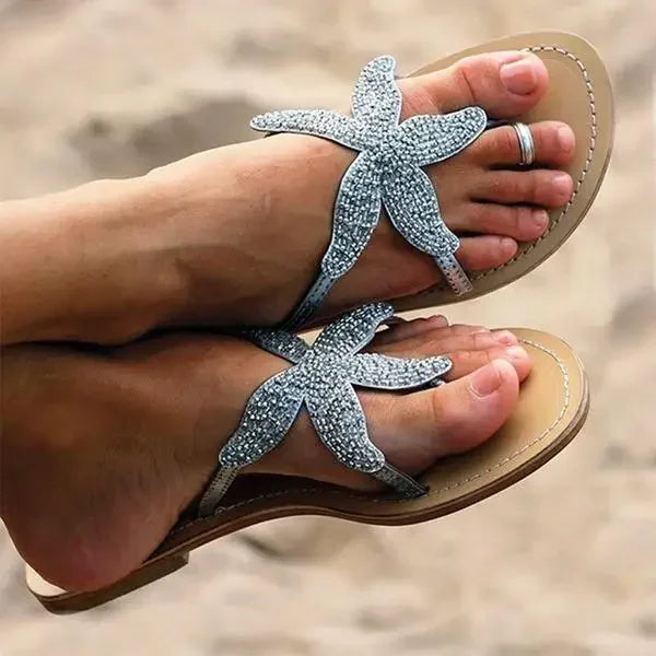 Starfish Beaded Slip-On Sandals with Flat Cushioned Sole in White