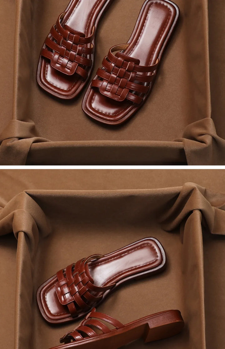 Woven Slides with Cushioned Footbed, Square Open Toe and Slight Heel Lift