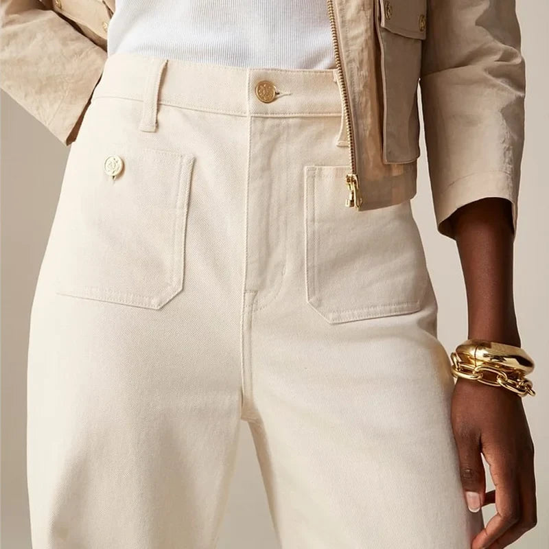 Wide-Leg Jeans with Front Button Pockets, High-Waisted Cypress Cotton Denim