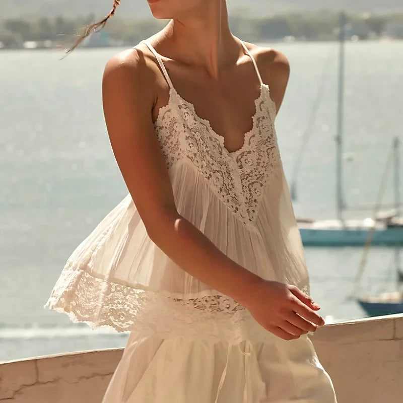 Lace-Trim Cami Top with Sheer Flowy Cotton and Adjustable Spaghetti Straps