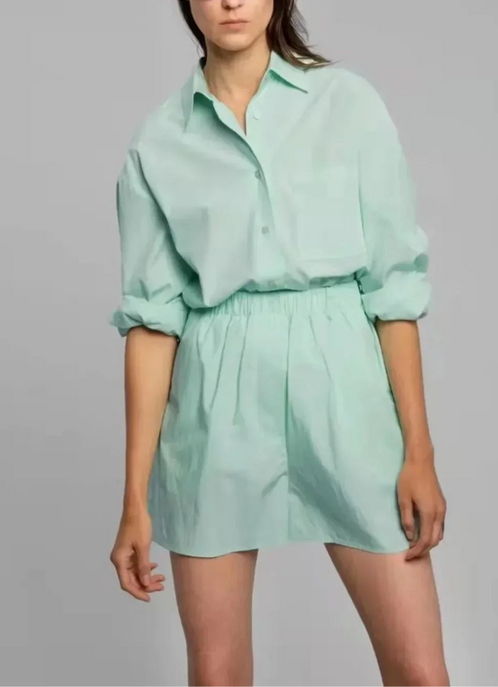 Cotton Poplin Two-Piece Set with Oversized Button-Down Shirt and Matching Shorts in Brown