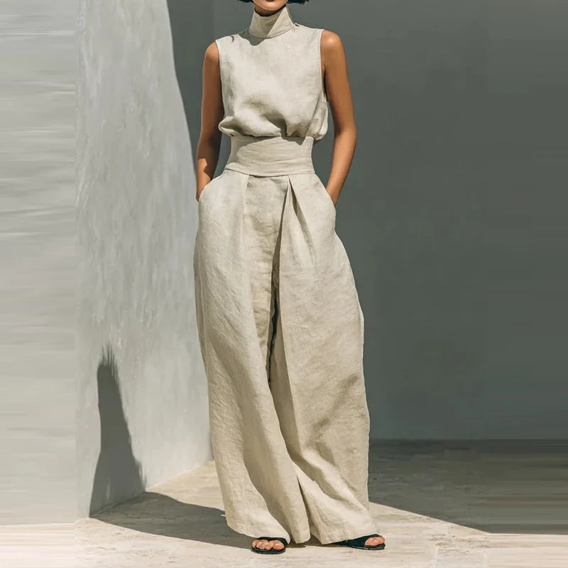 Linen-Cotton Blend Two-Piece Set with Wide-Leg Pants and Mock Turtleneck, High-Rise Relaxed Fit