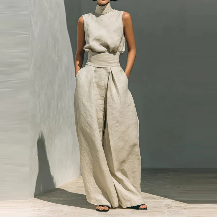 Linen-Cotton Blend Two-Piece Set with Wide-Leg Pants and Mock Turtleneck, High-Rise Relaxed Fit