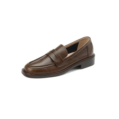 Round Toe Leather Loafers with Cushioned Support and Stacked Heel in Olive