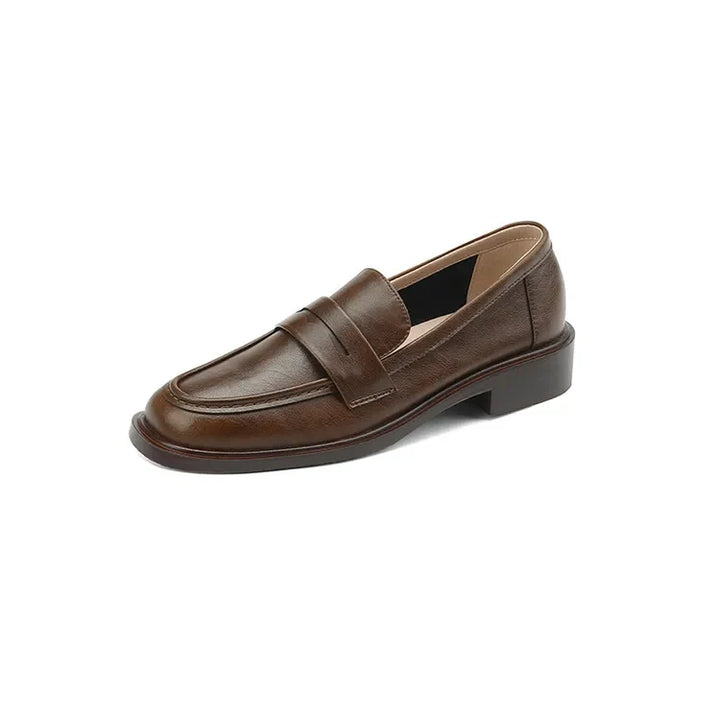Round Toe Leather Loafers with Cushioned Support and Stacked Heel in Olive