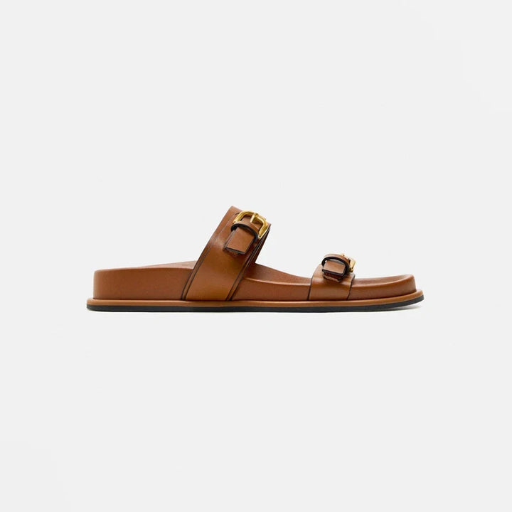 Slide Sandals in Smooth Leather with Adjustable Double Buckle Straps and Flexible Sole
