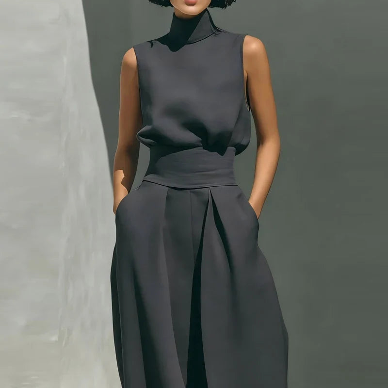 Linen-Cotton Blend Two-Piece Set with Wide-Leg Pants and Mock Turtleneck, High-Rise Relaxed Fit