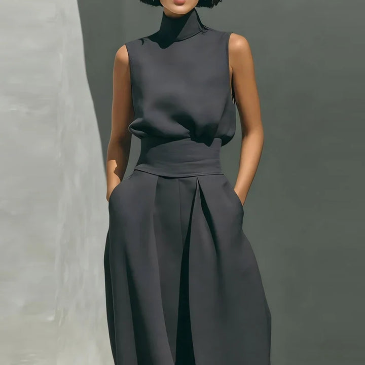 Linen-Cotton Blend Two-Piece Set with Wide-Leg Pants and Mock Turtleneck, High-Rise Relaxed Fit