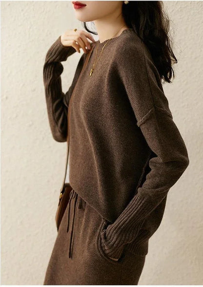 Knit Sweater and Skirt Two-Piece Set with Relaxed Pullover Fit and Ribbed Texture in Khaki