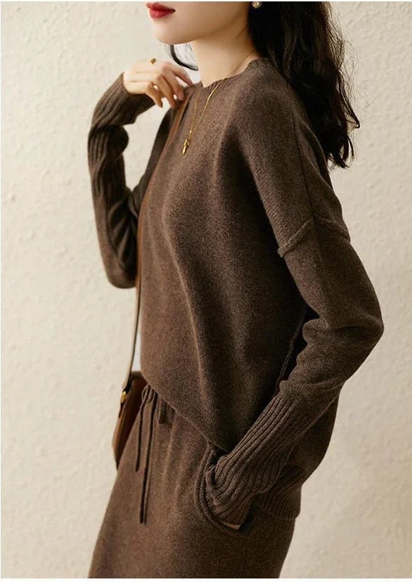 Knit Sweater and Skirt Two-Piece Set with Relaxed Pullover Fit and Ribbed Texture in Khaki