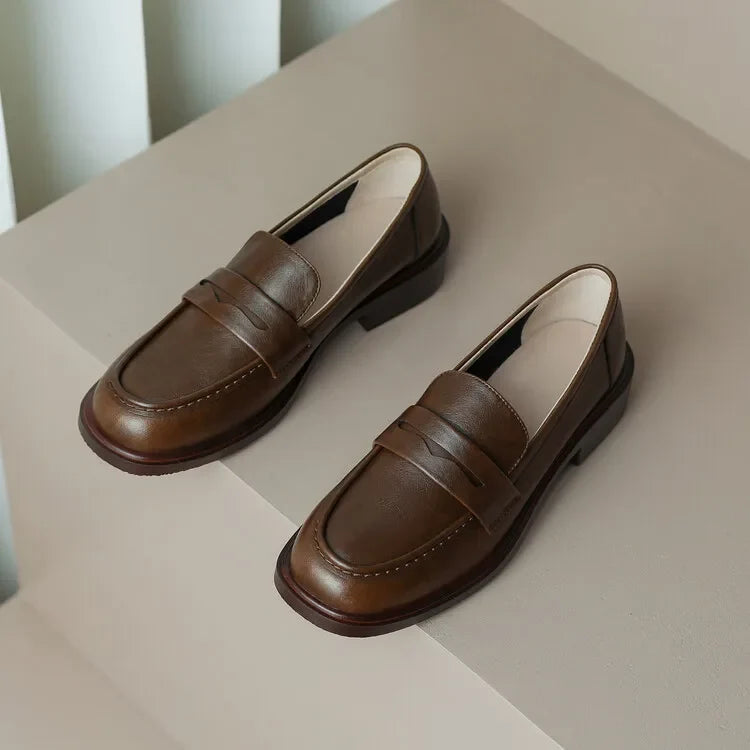 Round Toe Leather Loafers with Cushioned Support and Stacked Heel in Olive