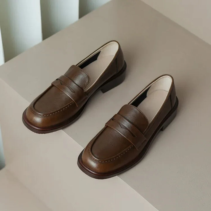 Round Toe Leather Loafers with Cushioned Support and Stacked Heel in Olive