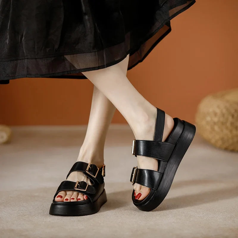 Platform Sandal in Ivory Vegan Leather with Double Buckle Straps and Built-In Supportive Insole