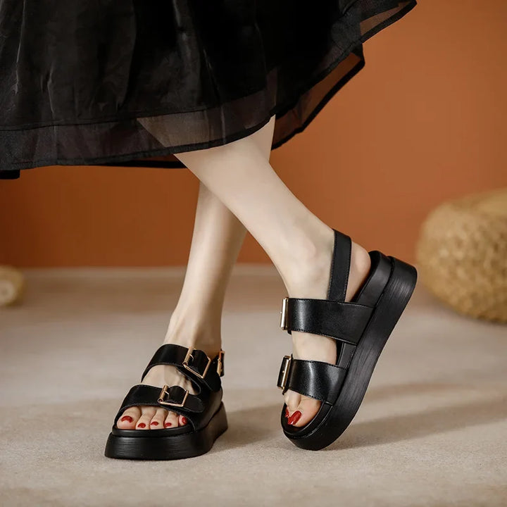Platform Sandal in Ivory Vegan Leather with Double Buckle Straps and Built-In Supportive Insole