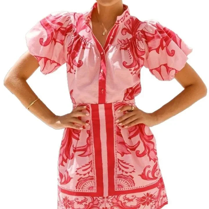 Floral Skirt Co-ord Set in Cotton-Linen Blend with Puff Sleeves and High-Contrast Trim