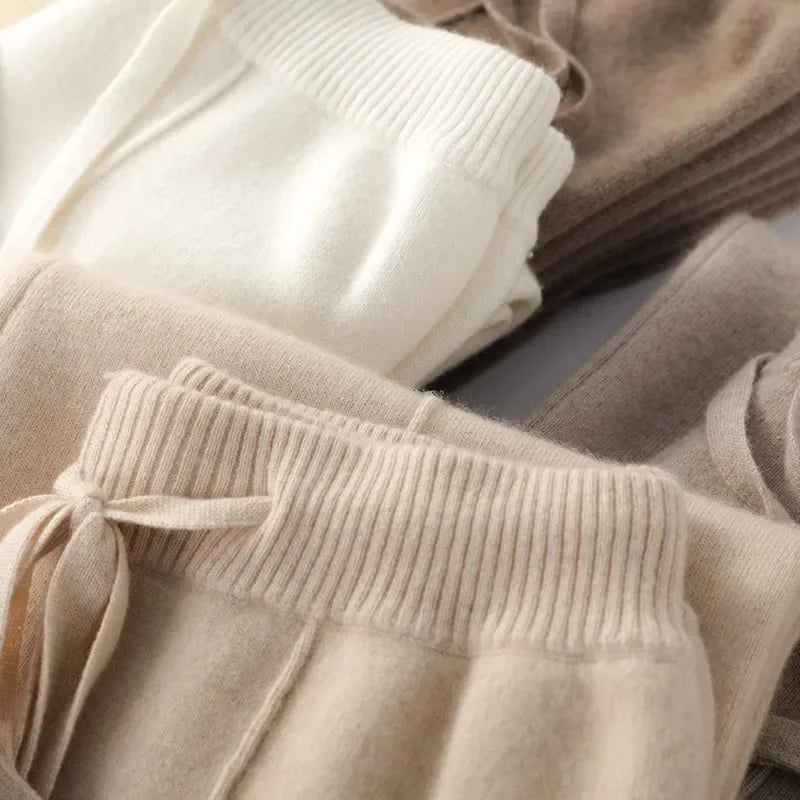 Sweatpants in Cashmere Wool Blend with Adjustable High-Rise Elastic Waist, Khaki