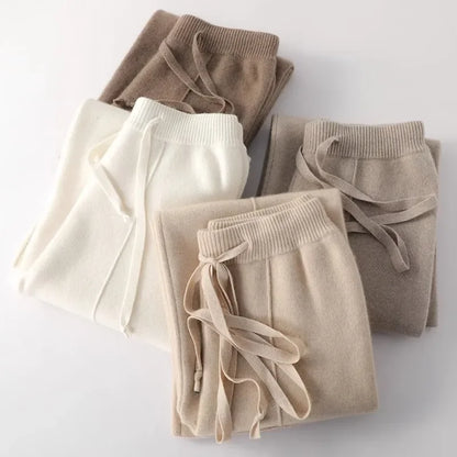 Sweatpants in Cashmere Wool Blend with Adjustable High-Rise Elastic Waist, Khaki