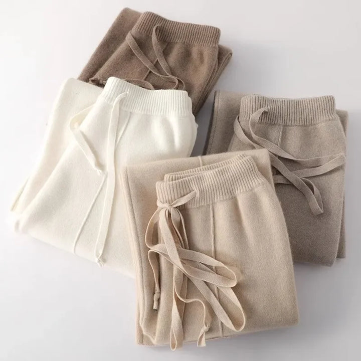 Sweatpants in Cashmere Wool Blend with Adjustable High-Rise Elastic Waist, Khaki