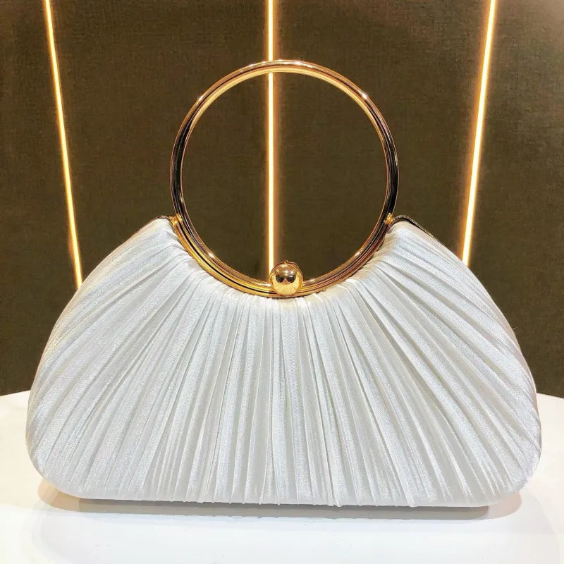 Evening Clutch Bag for Women – Satin Pleated Purse with Ring Handle