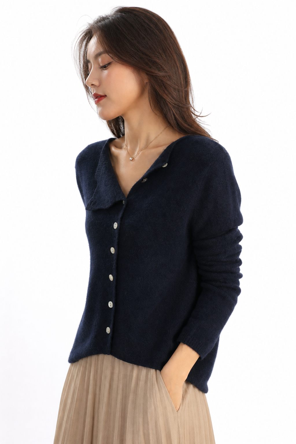 Asymmetric Button Sweater in Khaki Soft Knit with Off-Center Placket Detail and Long Sleeves