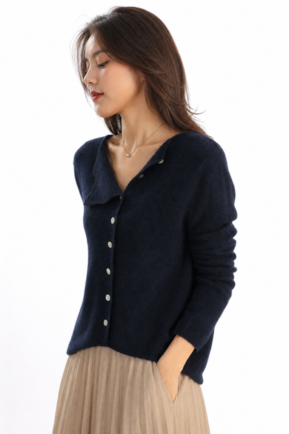 Asymmetric Button Sweater in Khaki Soft Knit with Off-Center Placket Detail and Long Sleeves