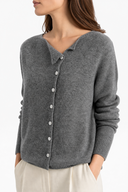 Asymmetric Button Sweater in Khaki Soft Knit with Off-Center Placket Detail and Long Sleeves
