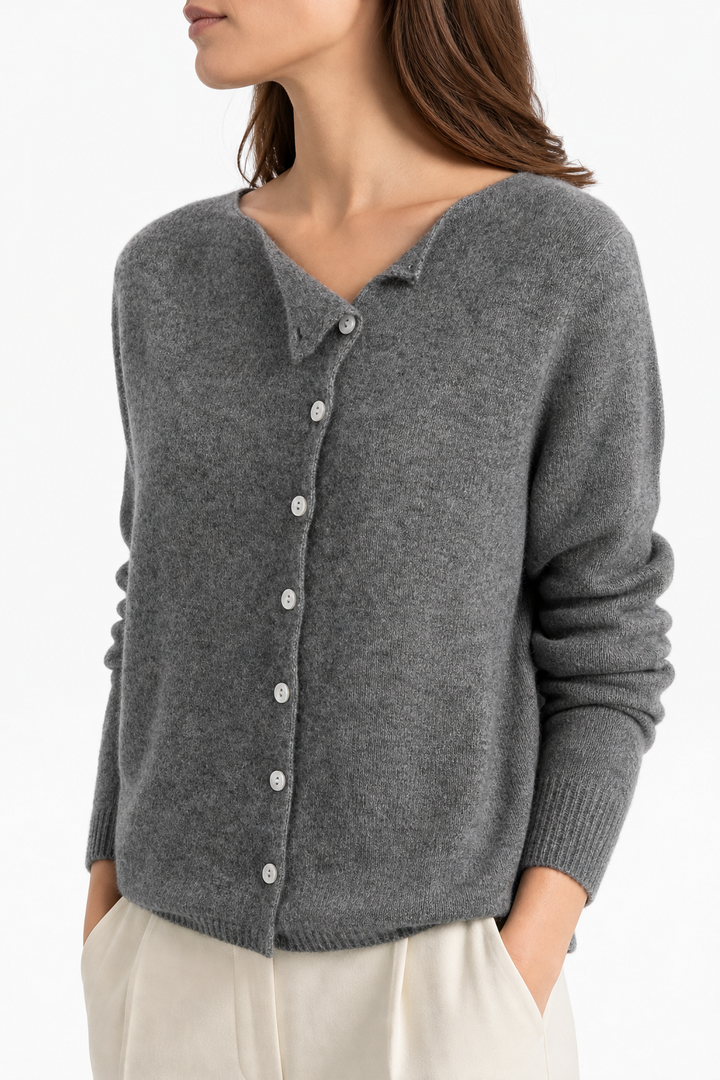 Asymmetric Button Sweater in Khaki Soft Knit with Off-Center Placket Detail and Long Sleeves
