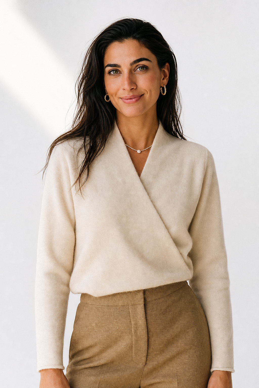 V-Neck Wrap Sweater in Soft Cashmere Knit with Relaxed Minimalist Fit for Effortless Layering