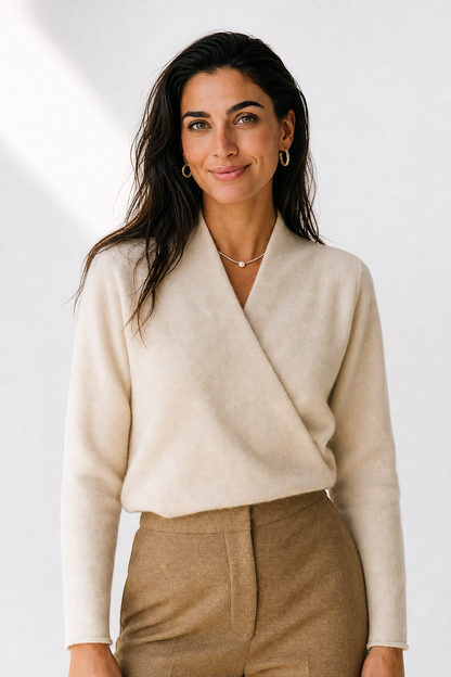 V-Neck Wrap Sweater in Soft Cashmere Knit with Relaxed Minimalist Fit for Effortless Layering