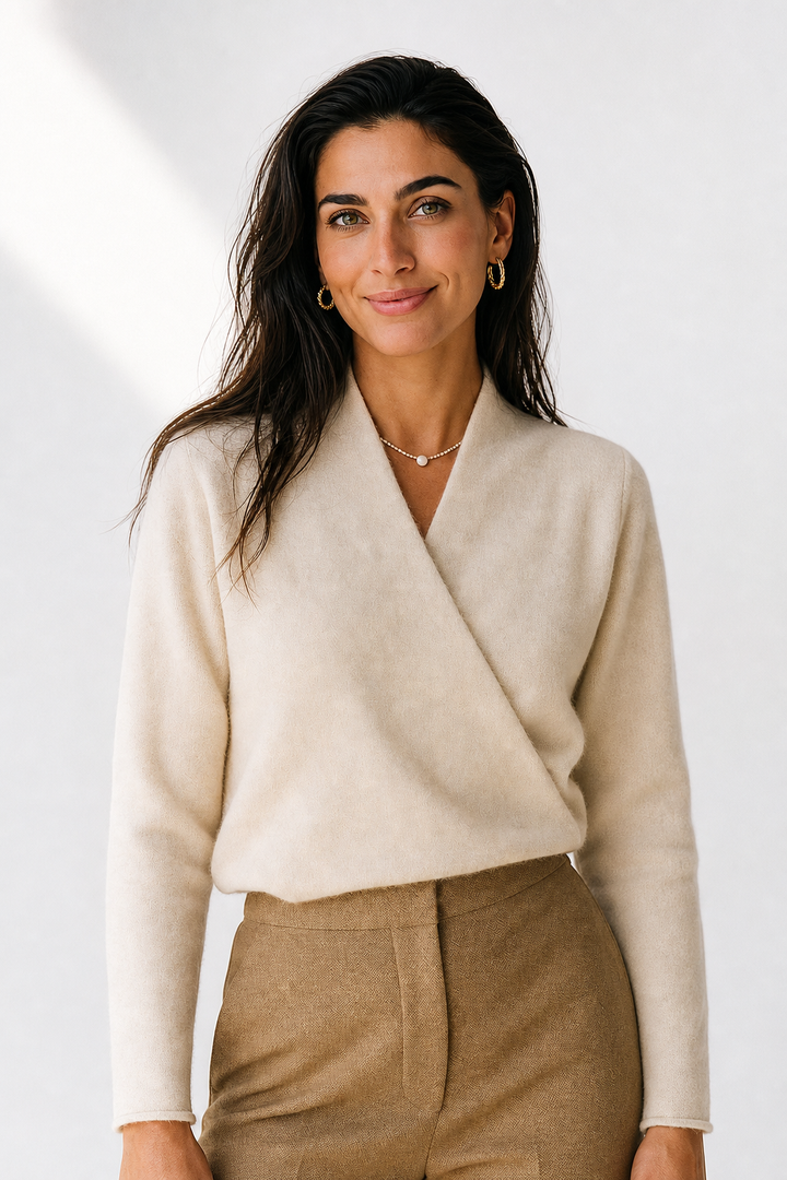 V-Neck Wrap Sweater in Soft Cashmere Knit with Relaxed Minimalist Fit for Effortless Layering