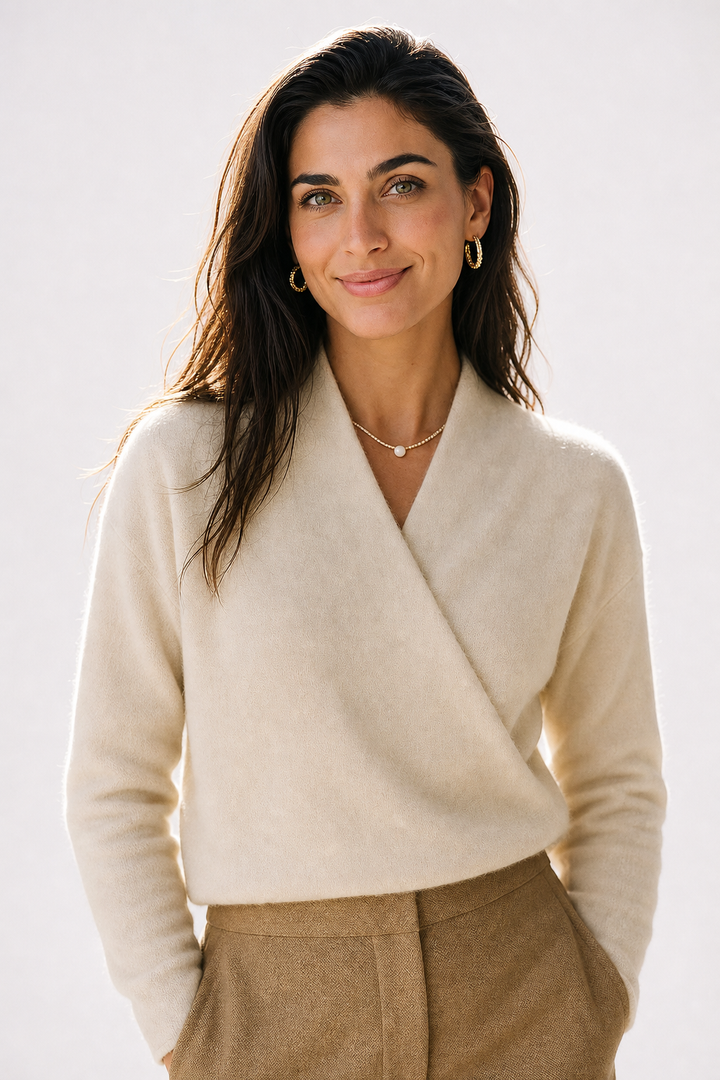 V-Neck Wrap Sweater in Soft Cashmere Knit with Relaxed Minimalist Fit for Effortless Layering
