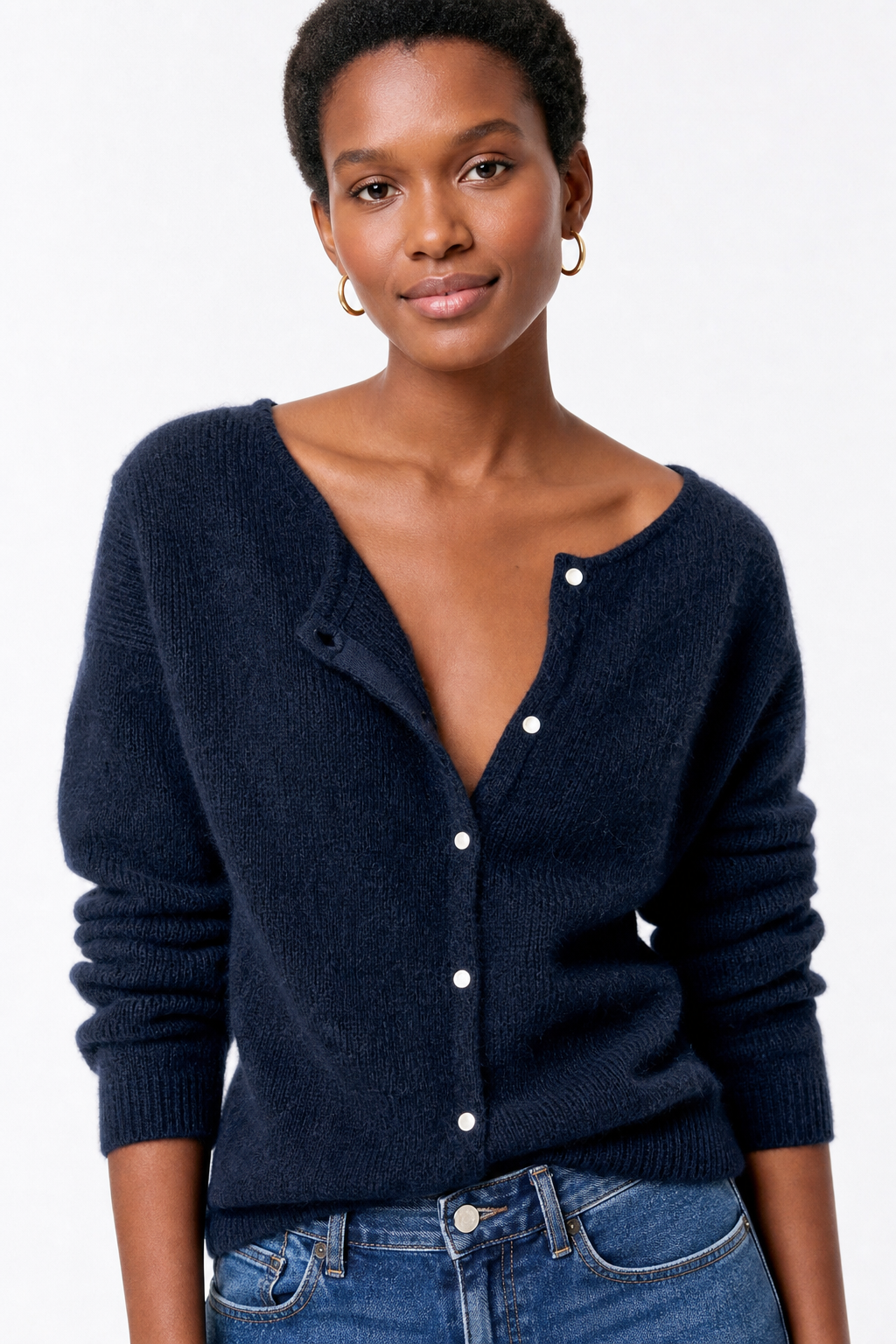 Wool Blend Knit Cardigan with Long Sleeves and Relaxed Layering Fit in Ivory