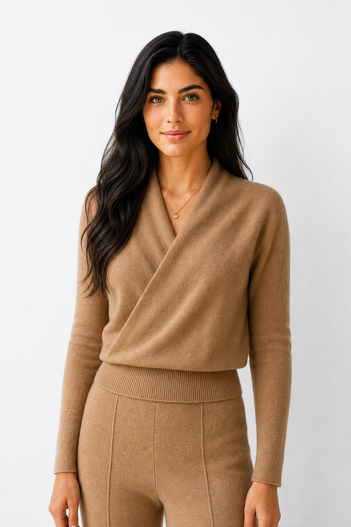 Cashmere Crossover Collar Sweater with Relaxed Standard Fit in Soft Pink