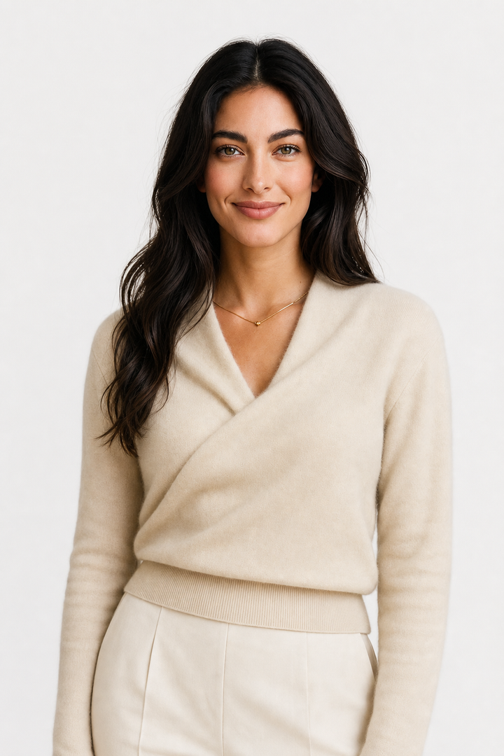 Cashmere Crossover Collar Sweater with Relaxed Standard Fit in Soft Pink
