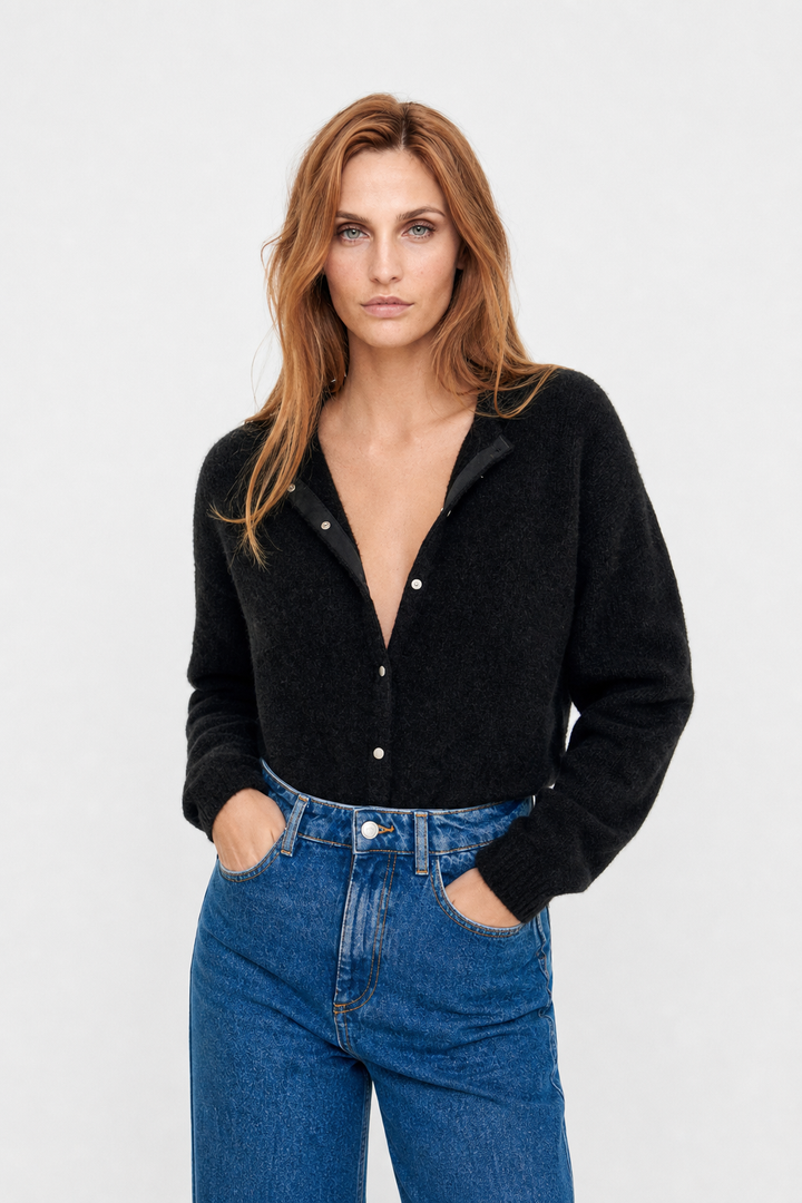 Wool Blend Knit Cardigan with Long Sleeves and Relaxed Layering Fit in Ivory