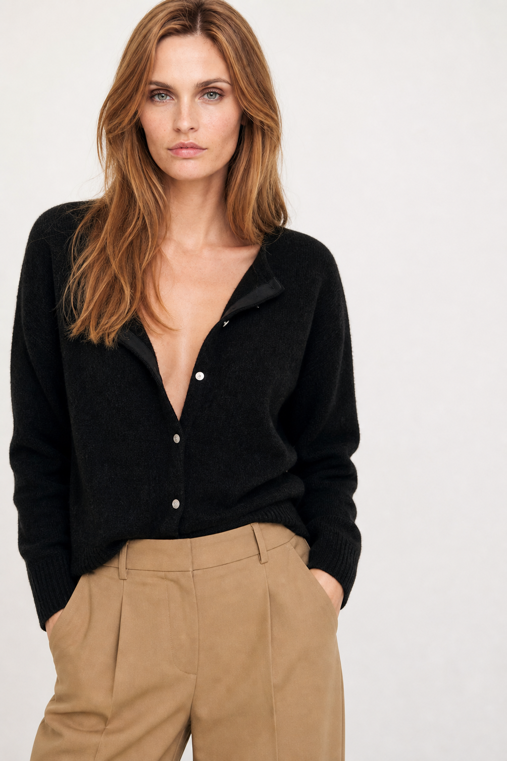 Wool Blend Knit Cardigan with Long Sleeves and Relaxed Layering Fit in Ivory