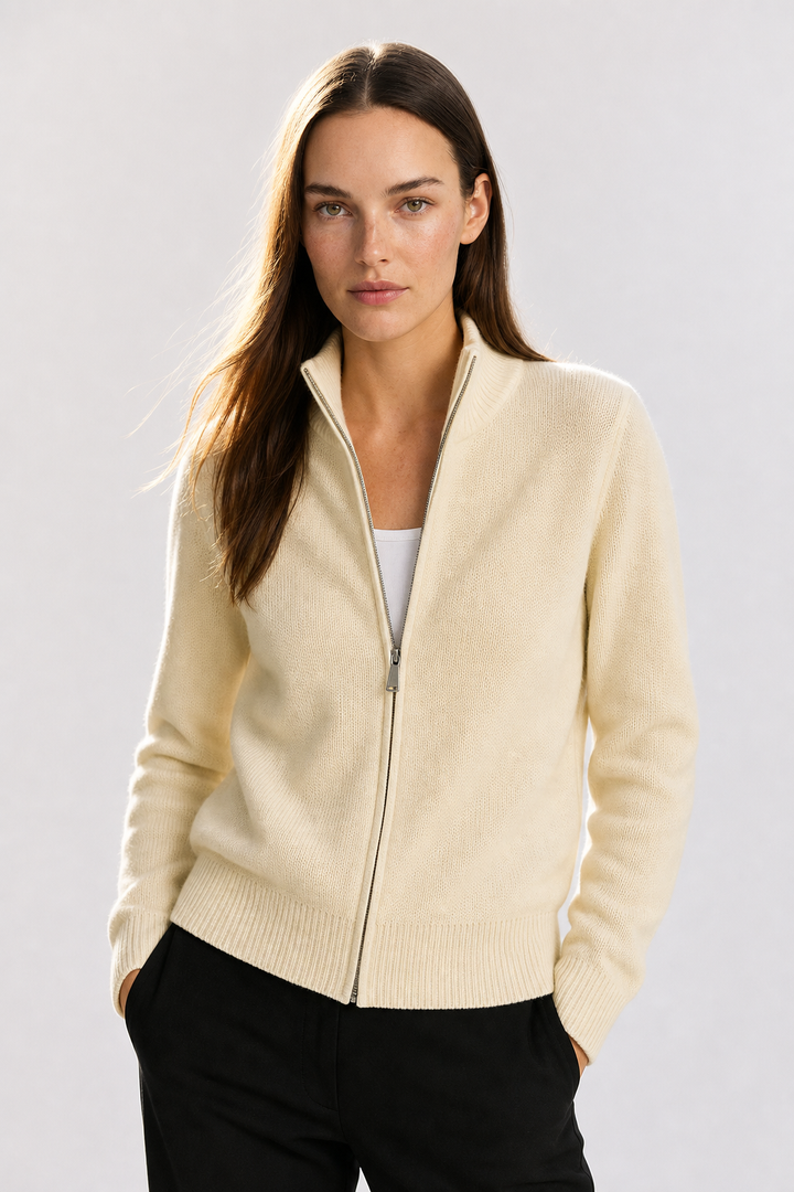 Merino Wool Zip Cardigan with Standing Collar, Double-Zip Closure and Ribbed Knit Texture