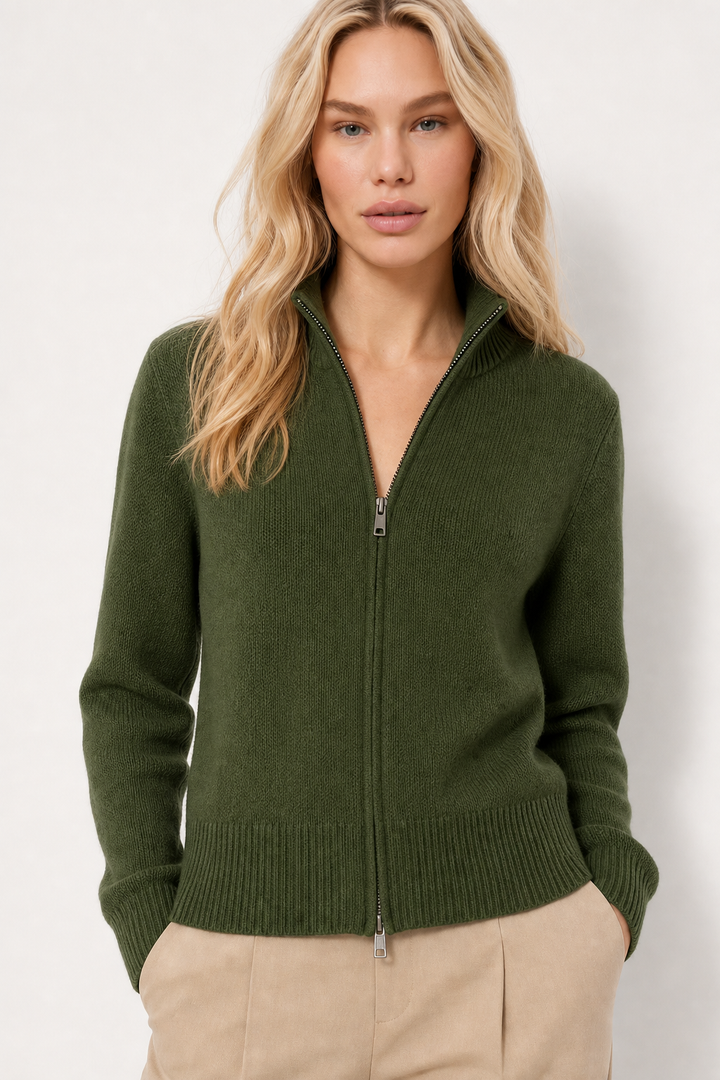 Merino Wool Zip Cardigan with Standing Collar, Double-Zip Closure and Ribbed Knit Texture