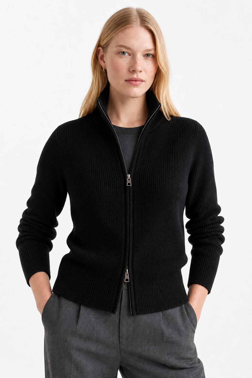 Merino Wool Zip Cardigan with Standing Collar, Double-Zip Closure and Ribbed Knit Texture