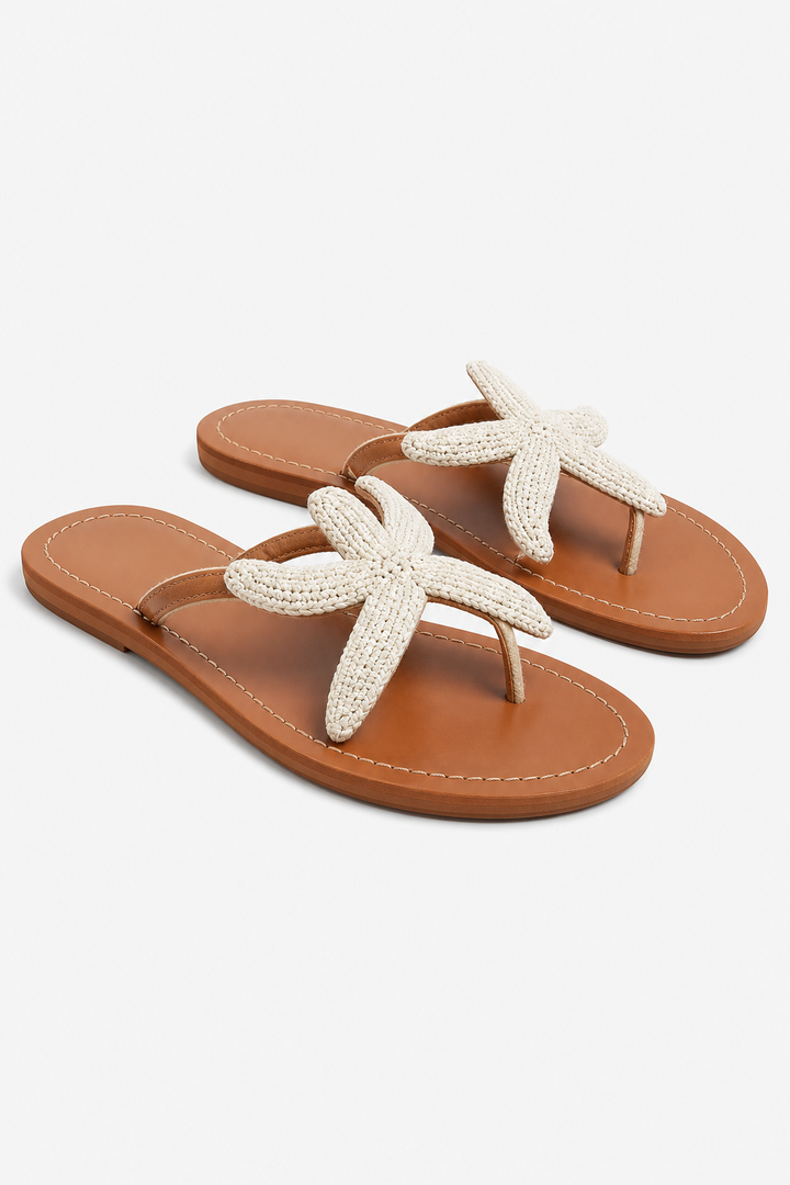 Starfish Beaded Slip-On Sandals with Flat Cushioned Sole in White