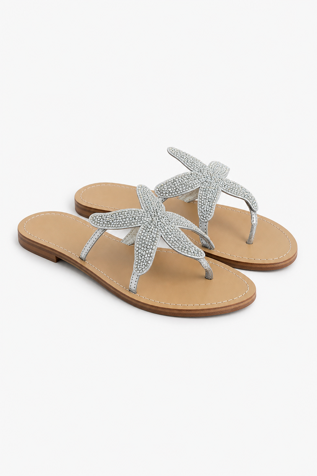 Starfish Beaded Slip-On Sandals with Flat Cushioned Sole in White