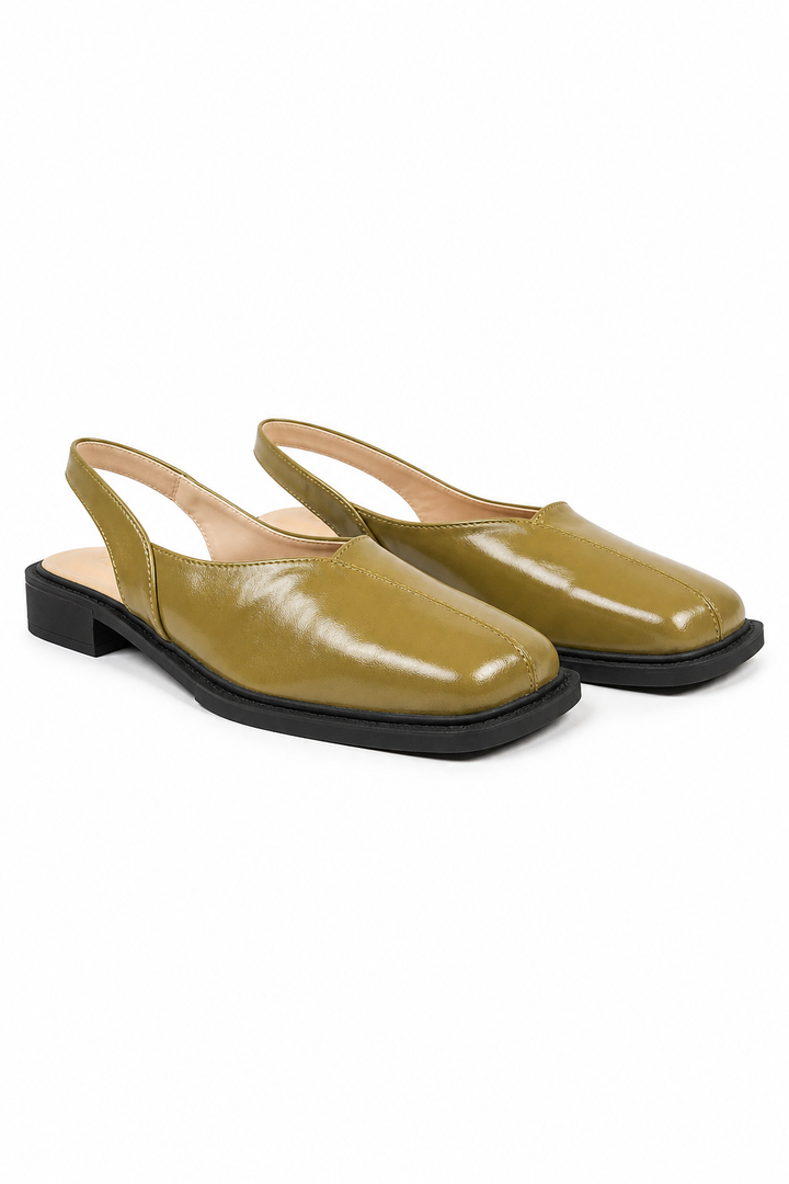 Square-Toe Slingback Flats with Cushioned Sole and Sleek Low Heel in Cypress Green
