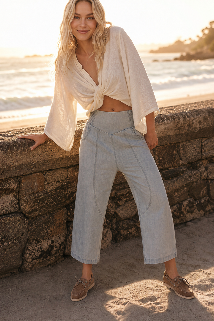Wide Leg Harem Pants in Cotton-Linen Blend with Washed Denim Look and Curved Seam Design