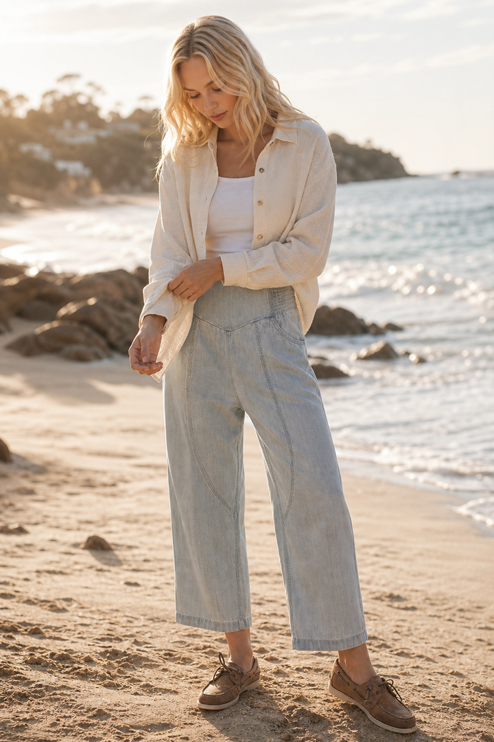 Wide Leg Harem Pants in Cotton-Linen Blend with Washed Denim Look and Curved Seam Design