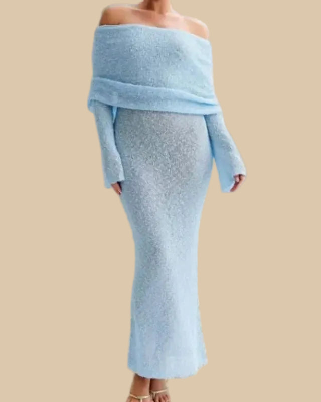 Off-Shoulder Maxi Dress in Lightweight Fabric – Big Lapel, Long Sleeve