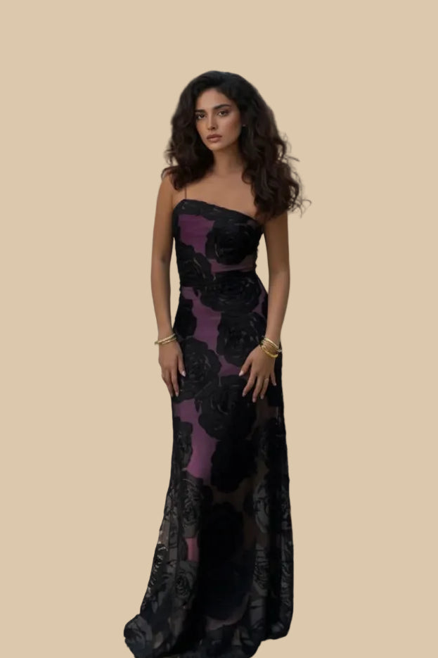 Women's Floral Maxi Dress – Satin Drape, Asymmetric Sling Shoulder