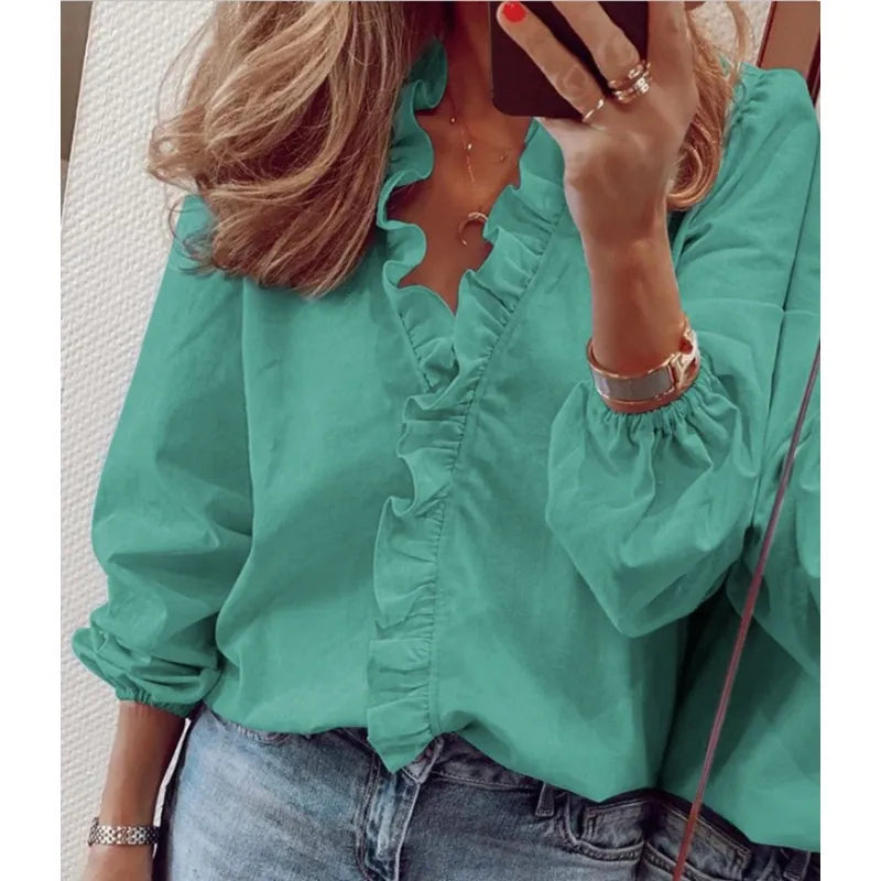 Women's Printed V-Neck Long Sleeve Blouse – Soft Stretch Drape