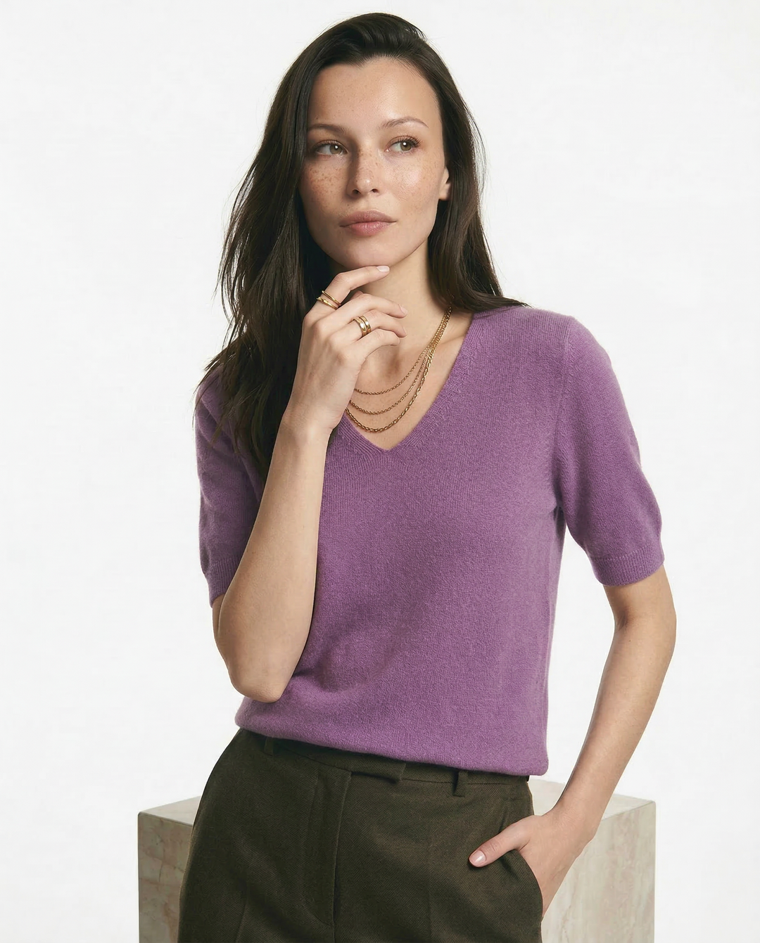 V-Neck Knit Top in Soft Merino Wool Blend with Relaxed Shape-Holding Fit, Khaki